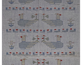 handmade Berber Killim Rug in Wool with Trandition Bird Motifs Rug,Geomatric Killim 6.1x4.2 Rug,Kid Room Killim,