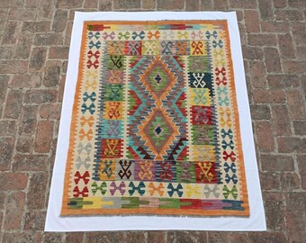 Maimana killim-tapijt, vintage handgemaakt kleurrijk kelimtapijt geometrisch tribal patroon, wollen vloerkleed bohoafghaanse stijl platgeweven tapijt 5,10 x 4,2 ft