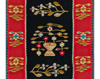 Red & Black Floral Killim rug'Turkish Tribal Dhurrie, Handwoven Wool Area Rug 4.1x2 ft,  Turkish Killim, Botanical Flower Design Rug.