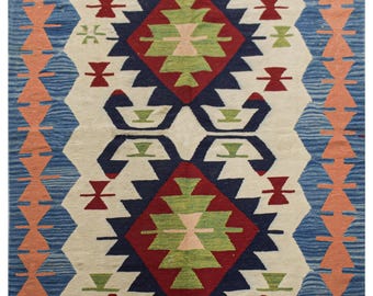 Multicolour Handmade Kilim Rug 5.5x3.9 ft – Vintage Geometric Tribal Area Rug, Bohemian Living Room Decor, Colorful Flatweave Carpet”