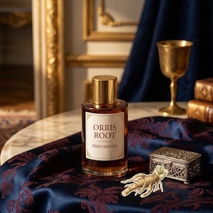 Puede incluir: Una botella de aceite de perfume con tapa dorada y etiqueta que dice "ORRIS ROOT PERFUME OIL" se encuentra sobre una mesa de mármol. Una pequeña caja ornamentada, una copa dorada y dos libros también están sobre la mesa. La escena se desarrolla sobre un fondo de tela azul oscuro.