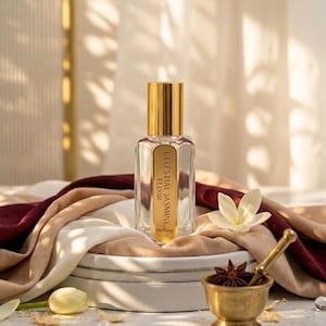 Puede incluir: Un frasco de perfume transparente con tapón dorado y etiqueta que dice "Celestial Jasmine Elixir". El frasco está sobre una superficie blanca con tela granate y beige. Un pequeño mortero y maja dorados en primer plano.