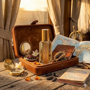 Puede incluir: Un estuche de viaje de cuero marrón contiene un frasco de perfume "TONKA KISS ATTAR", un espejo compacto y especias. Una brújula, un pasaporte y un mapa también están sobre la superficie de madera.