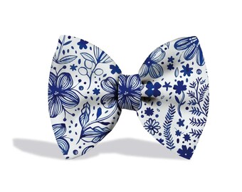 Blue & White floral Print Bow Tie- Vintage Floral Pet Bow- Gotcha Day Accessory- Spring- Summer Pet Style