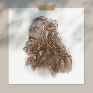 Puede incluir: Una pintura digital de un hombre con el pelo largo y rizado y barba. Lleva una camisa oscura y tiene una expresión seria en su rostro.