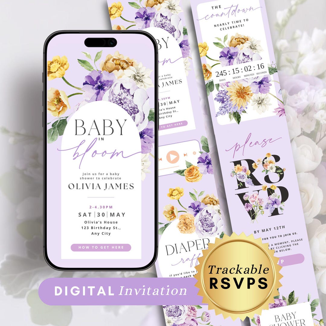 Baby Shower Digital Invitation: Purple Flower Girls Editable Invite ...