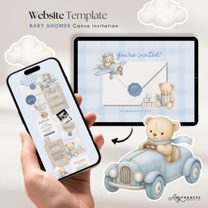 May include: A baby shower Canva invitation template displayed on a phone and tablet. The design features a light blue and beige color scheme with teddy bear illustrations, an airplane, and the text "You're invited!"