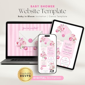 May include: A digital baby shower website template displayed on a laptop, tablet, and smartphone. The design features pink stripes, floral accents, and the text "Baby in Bloom." The invitation includes RSVP details and a countdown.