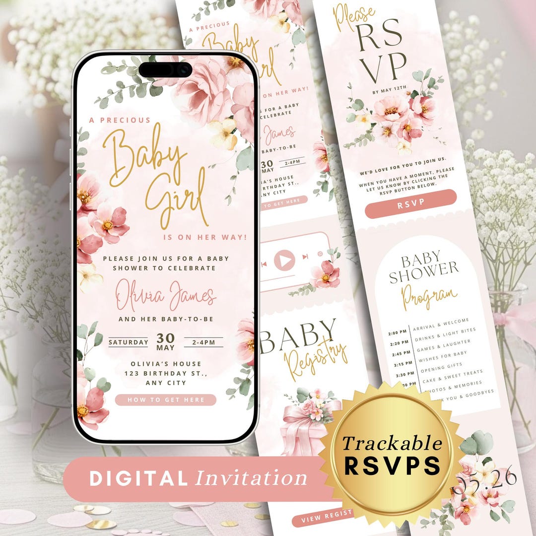 Baby Shower Digital Invitation: Pink Flower Girls Editable Invite ...