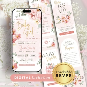 Baby Shower Digital Invitation: Pink Flower Girls Editable Invite Template, Clickable RSVP, Canva Template Invite Website, Digital Download