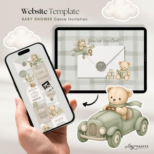 May include: A digital baby shower invitation template displayed on a smartphone and tablet. The design features teddy bears, an airplane, and a car in soft green and beige tones. Text includes "Website Template" and "Baby Shower Canva Invitation."
