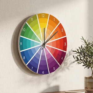 Wall Clock Color Wheel Rainbow Decor, Artist Gift for Creative Home Office, Modern Art Room Wall Decor, Teacher and Designer Gift