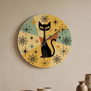 Mid Century Atomic Black Cat Wooden Wall Clock, Retro Starburst Atom Geometric Round Clock, Muted Color Block Vintage Kitchen Wall Decor For