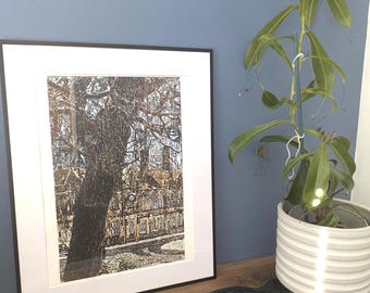 Une vue à travers le saule d'hiver - aquarelle et gravure sur plaque solaire