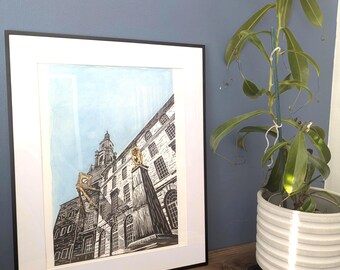 Gardiens de la mairie - aquarelle et gravure sur plaque solaire