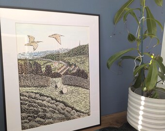 Courlis appelant le pont Pateley - Eau-forte et aquarelle sur plaque solaire