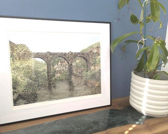 Reflets de la rivière Nidd - Eau-forte et aquarelle sur plaque solaire