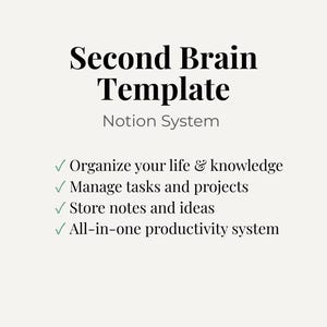 May include: A cream-colored graphic with the text "Second Brain Template" and "Notion System." Below, bullet points list features: organize life & knowledge, manage tasks, store notes, and an all-in-one productivity system.