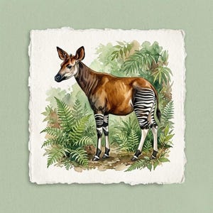 May include: A watercolour painting of an okapi, a relative of the giraffe, standing in a verdant setting of ferns and foliage. The okapi features a brown coat, striped legs, and large ears. The artwork is on textured paper with a deckled edge, against a pale green backdrop.