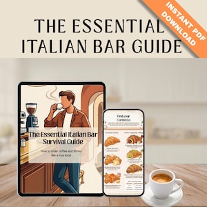 Può includere: Illustrazione di una guida di bar italiana su un tablet e un telefono, con una tazza di caffè su una superficie di legno. Il tablet mostra un uomo che beve caffè e il telefono mostra pasticcini. Il testo recita "The Essential Italian Bar Guide."