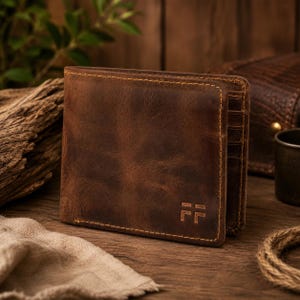 Op de afbeelding: Een bruine leren bifold portemonnee met zichtbare stiksels langs de randen. De buitenkant heeft een gladde, matte textuur en een klein, in reliëf aangebracht logo bestaande uit twee gestapelde, gestileerde F-letters in de rechterbenedenhoek.