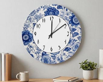 Blauwe en witte bloemen wandklok, gepersonaliseerde wanddecoratie klok, stille niet-tikkende houten klok, boerderij keuken woonkamer decor