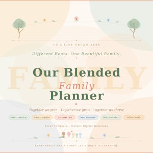 Peut inclure: Planificateur familial numérique aux couleurs douces. Le titre indique "Our Blended Family Planner" avec du texte d'accompagnement. Comprend des sections pour les horaires des enfants, le suivi des tâches, la coparentalité, la planification des repas, les routines quotidiennes et les règles de la maison.
