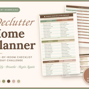 Op de afbeelding: Een digitale opruimplanner voor in huis met een checklist per kamer en een 30-dagen uitdaging. Het document bevat de tekst Declutter Home Planner, Simplify Breathe Begin Again en 6 Planner Sections, weergegeven in gedempte aardetinten.