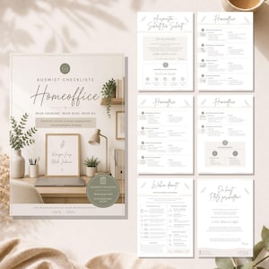 Könnte beinhalten: Ein Set aus Homeoffice-Ausmist-Checklisten, bestehend aus einer Deckblatt-Grafik mit Schreibtisch-Illustration und sechs Inhaltsseiten mit strukturierten Schritten, deutschem Text sowie einer beigen Farbpalette mit dunkelgrünen Akzenten.