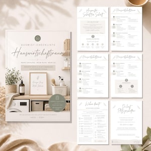 Op de afbeelding: Een set printbare checklists voor het organiseren van een bijkeuken, met Duitse tekst, minimalistische iconen en gestructureerde lay-outs voor schoonmaaktaken, gepresenteerd op witte vellen papier in een zacht beige en saliegroen kleurenpalet.
