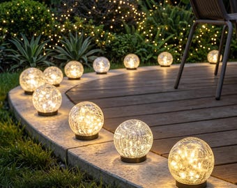Luces solares esféricas para jardín - Decoración impermeable para caminos exteriores - Lámparas de paisaje con cristal craquelado - Esferas solares LED blancas cálidas y multicolor
