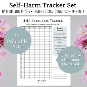 May include: Printable self-harm tracker set with two PDFs. The tracker is a grid with squares to color in for each day you are self-harm free. The text "Self-Harm-free Tracker" is at the top of the page. The text "Things to Remember" is in a box on the right side of the page. The text "Created by a Licensed Therapist" is in a box at the bottom of the page.