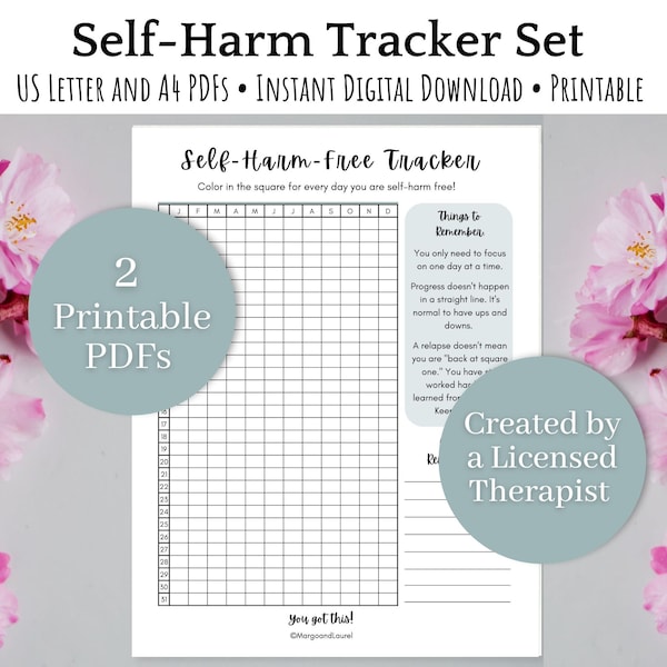 CBT Therapy Worksheets for Self Harm, printable therapy journal, self injury recovery log, teen mental health tracker, college counseling