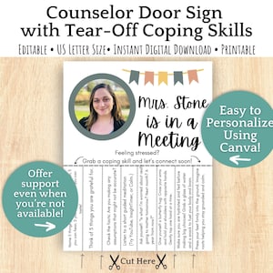 Editable School Counselor Door Sign Template with Coping Skills | Printable In A Meeting Sign for Social Worker, School Psychologist Office