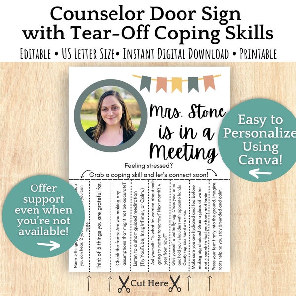 Editable School Counselor Door Sign Template with Coping Skills | Printable In A Meeting Sign for Social Worker, School Psychologist Office