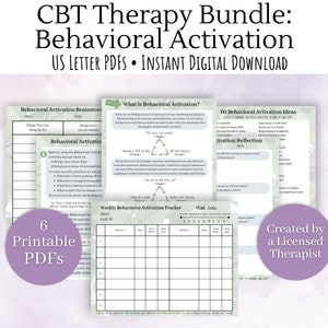 Könnte beinhalten: Ein druckbares PDF-Paket für die Verhaltensaktivierungstherapie. Das Paket enthält Arbeitsblätter, Tracker und Reflexionsaufforderungen. Die Arbeitsblätter sind grün und weiß mit einem hellgrünen Hintergrund. Der Text auf den Arbeitsblättern ist schwarz. Das Paket wurde von einem lizenzierten Therapeuten erstellt.