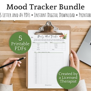 Peut inclure: Un lot de 5 PDF de suivi de l'humeur imprimables. Le suivi comprend un tableau quotidien de l'humeur avec un système de codage couleur pour suivre l'humeur tout au long de la journée. Le texte "Daily Mood Tracker" est en haut du tableau. Le tableau comprend des colonnes pour l'humeur, la couleur, le contenu et les notes. Le texte "Créé par un thérapeute agréé" est en bas du tableau.