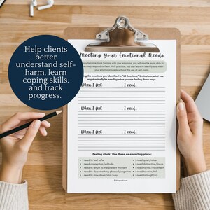 May include: A printable worksheet titled "Meeting Your Emotional Needs" with a list of prompts to help identify and meet emotional needs. The worksheet includes a section for listing feelings and corresponding needs, as well as a list of common needs to use as a starting point.