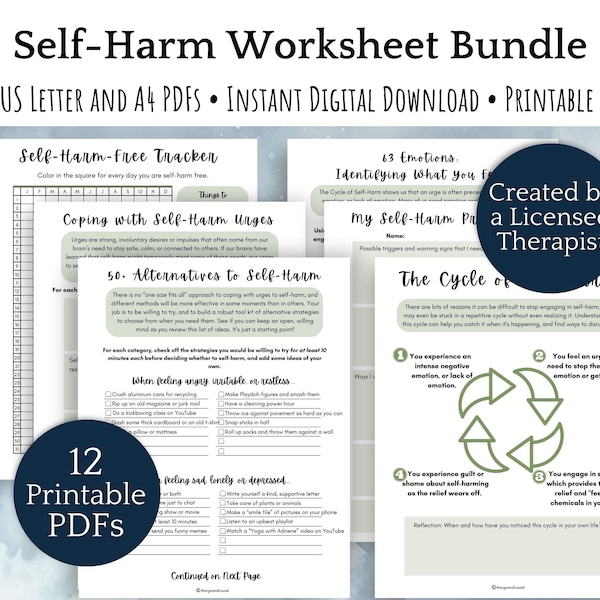 Self Harm Therapy Worksheets Bundle, CBT therapy tools for self injury recovery, anxiety worksheets, DBT coping skills, BPD therapy journal