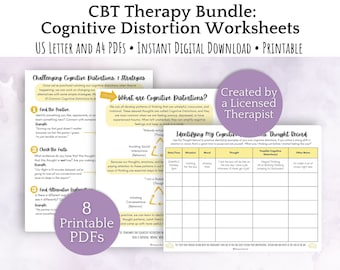 CBT Therapy Worksheets, Cognitive Distortions CBT Journal, Thought Challenging CBT worksheets for anxiety relief, Anxiety worksheets