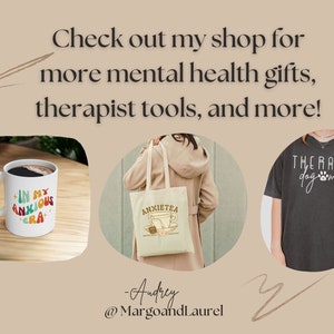 May include: Three different mental health themed products: a white coffee mug with the text "In My Anxious Era", a white tote bag with the text "AnxieteA" and a black t-shirt with the text "Therapy Dog Mom".
