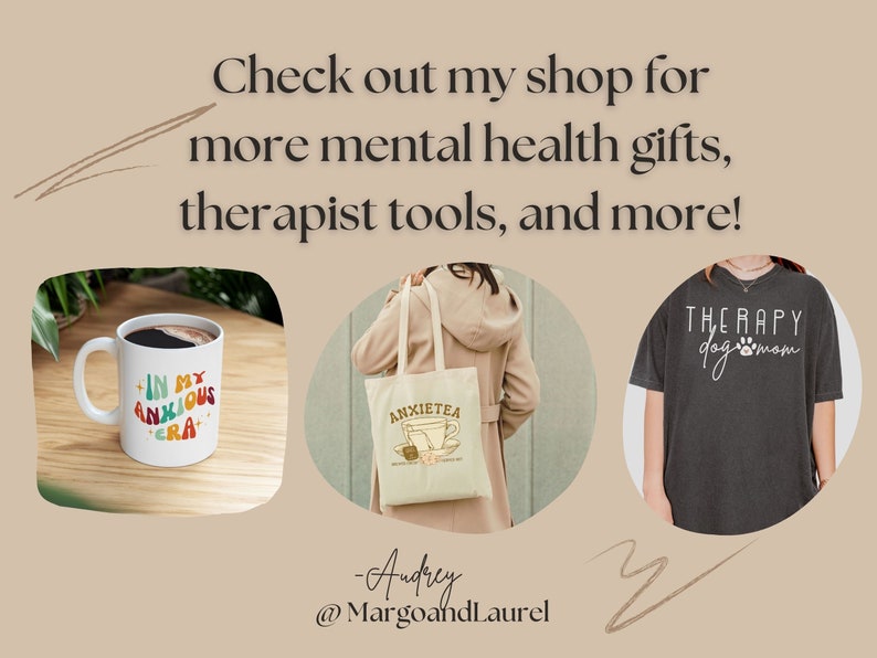 May include: Three different mental health themed products: a white coffee mug with the text "In My Anxious Era", a white tote bag with the text "AnxieteA" and a black t-shirt with the text "Therapy Dog Mom".
