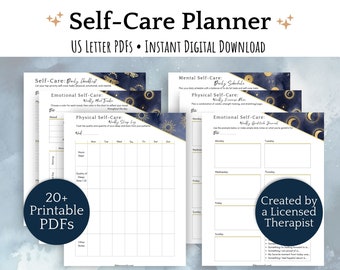 Self Care Planner with Moon designs | Wellness Journal, Mood Tracker, Meal Planner, Exercise Tracker | Mental health worksheets, gratitude