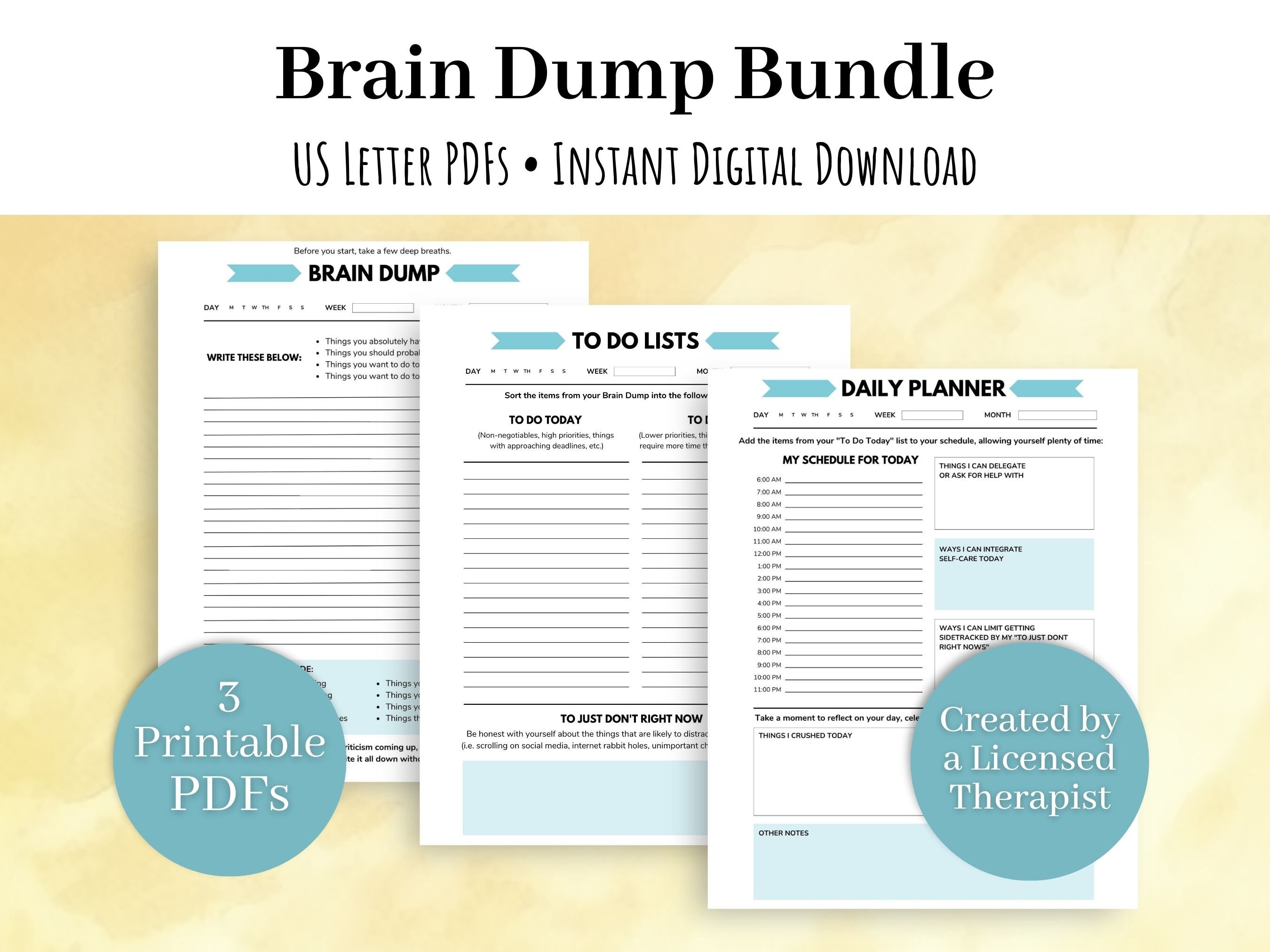 Brain Dump Printable ADHD Planner Adult | Anxiety worksheets, ADHD to do list template, executive function therapy worksheets, ADHD help