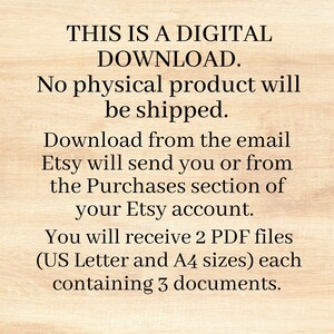 K&ouml;nnte beinhalten: Text auf einem Holzmaserungshintergrund, der lautet: "Dies ist ein digitaler Download. Es wird kein physisches Produkt versandt. Laden Sie die Dateien von der E-Mail herunter, die Etsy Ihnen sendet, oder aus dem Bereich Eink&auml;ufe in Ihrem Etsy-Konto. Sie erhalten 2 PDF-Dateien (US Letter und A4) mit jeweils 3 Dokumenten."