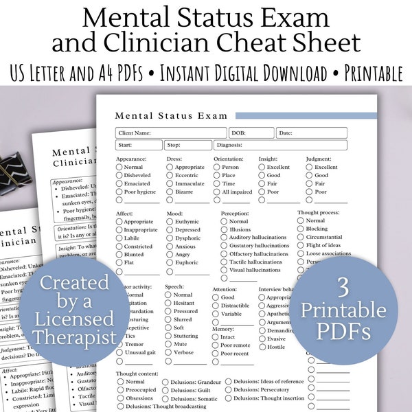 Mental Status Exam Therapy Form | Therapy notes, MSE therapist cheat sheet, counseling intake, psychotherapy notes, therapist worksheet