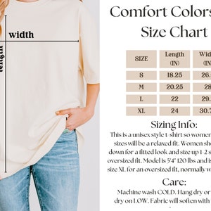 May include: Size chart for a unisex t-shirt in sizes S, M, L, and XL. The chart shows the length and width in inches. The text "Comfort Colors 1717" is at the top of the chart. The text "Sizing Info:" is below the chart. The text "Care:" is below the sizing information. The text "Machine wash COLD. Hang dry or tumble dry on LOW. Fabric will soften with washing!" is below the word "Care."