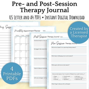 May include: A digital download of four printable PDF therapy journal pages. The pages are designed for pre- and post-therapy sessions and include sections for emotional check-in, goals, and topics to discuss with a therapist. The pages are blue and white with a watercolor background.