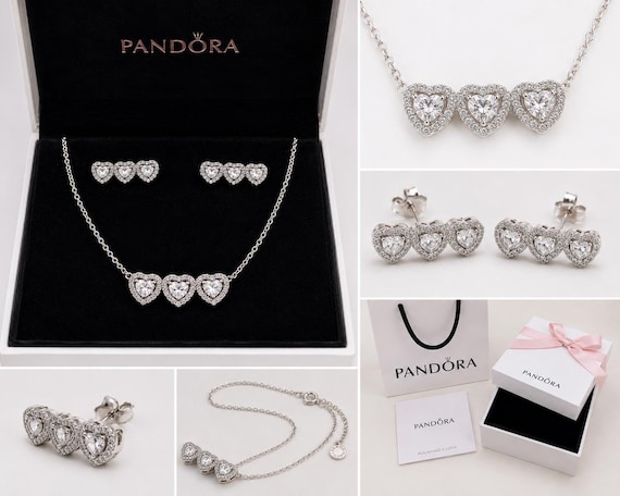 Authentic Pandora Halo Heart Trilogy Necklace & Earrings Set | Sterling Silver 925 | Luxury Gift for Her