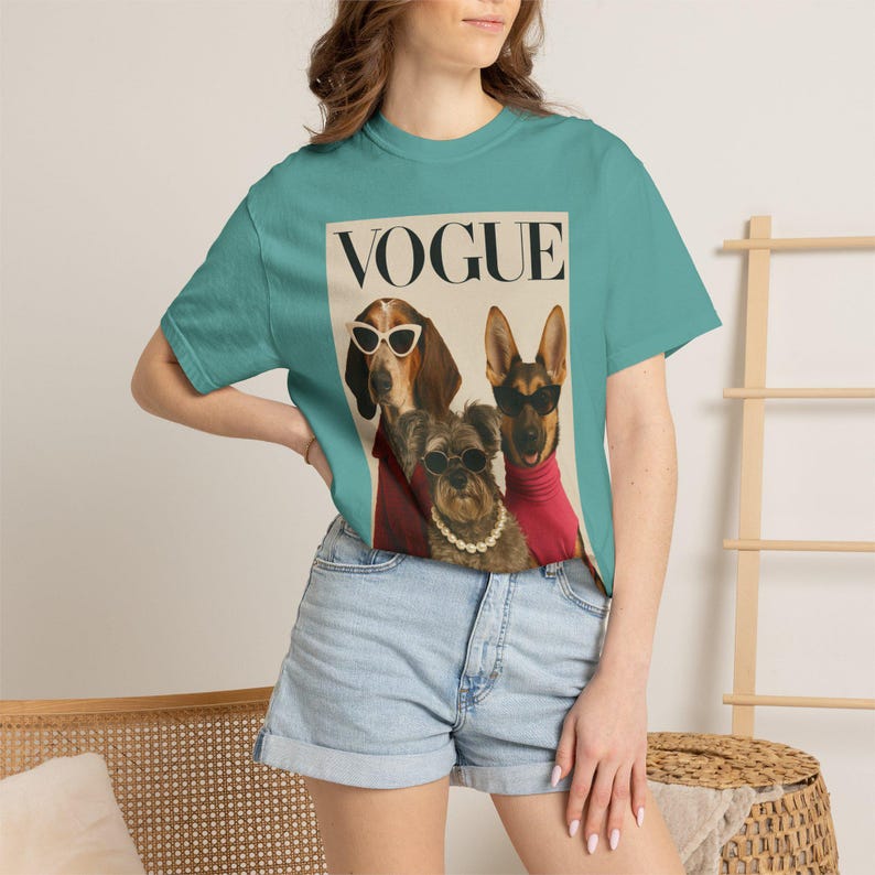Vogue Dogs Magazine Cover T-Shirt, Fashionable Pups Portrait Tee, Streetwear Unisex Shirt image 7